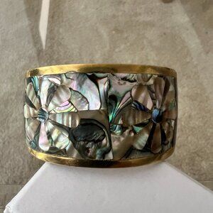Vintage Estate Cuff Bracelet - Abalone Mosaic on high Polished Brass